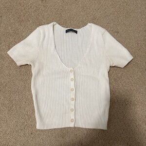 Cream Ribbed Button-Up Top